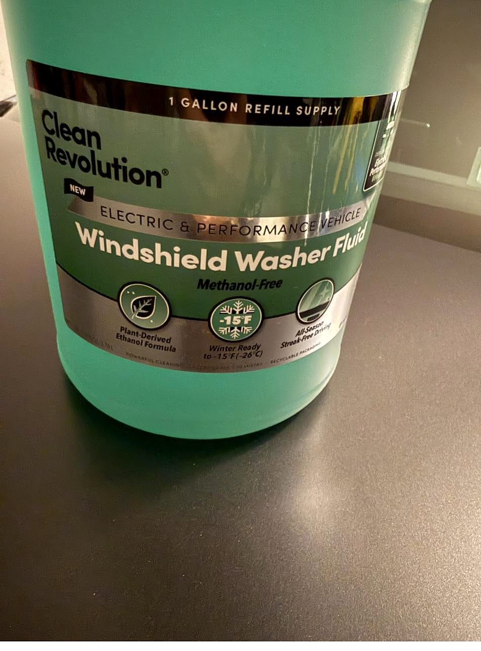 Label of the Clean Revolution electric and performance windshield washer fluid gallon