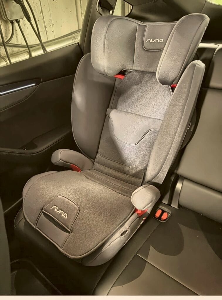 Nuna Aace booster installed in a Tesla Model Y back seat