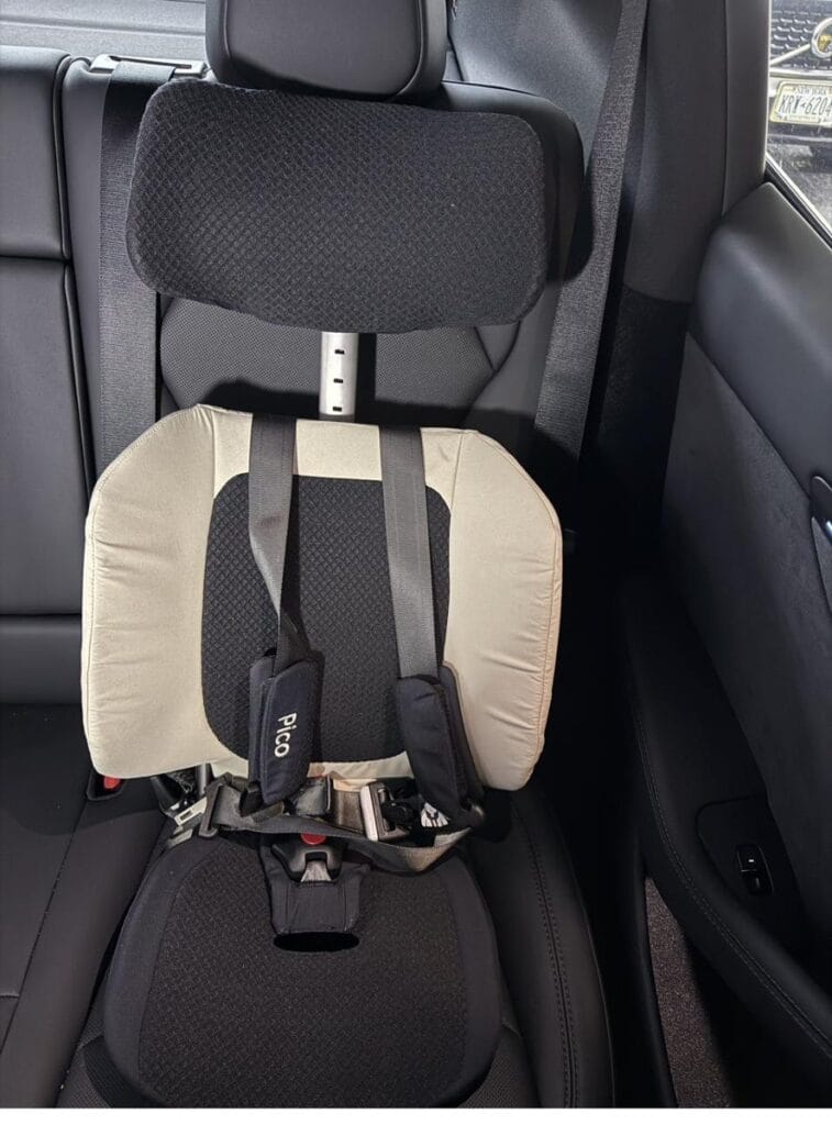 WAYB Pico installed in the rear seat of a Tesla Model Y