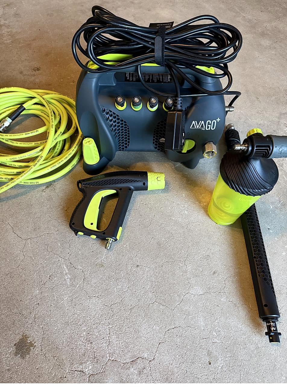 AVA Go+ pressure washer kit with foam cannon, hose and spray gun