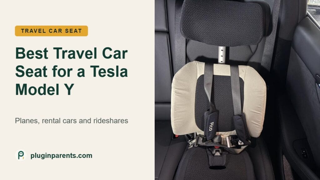 WAYB Pico travel car seat installed in the rear seat of our Tesla Model Y, with the headline Best Travel Car Seat for a Tesla Model Y