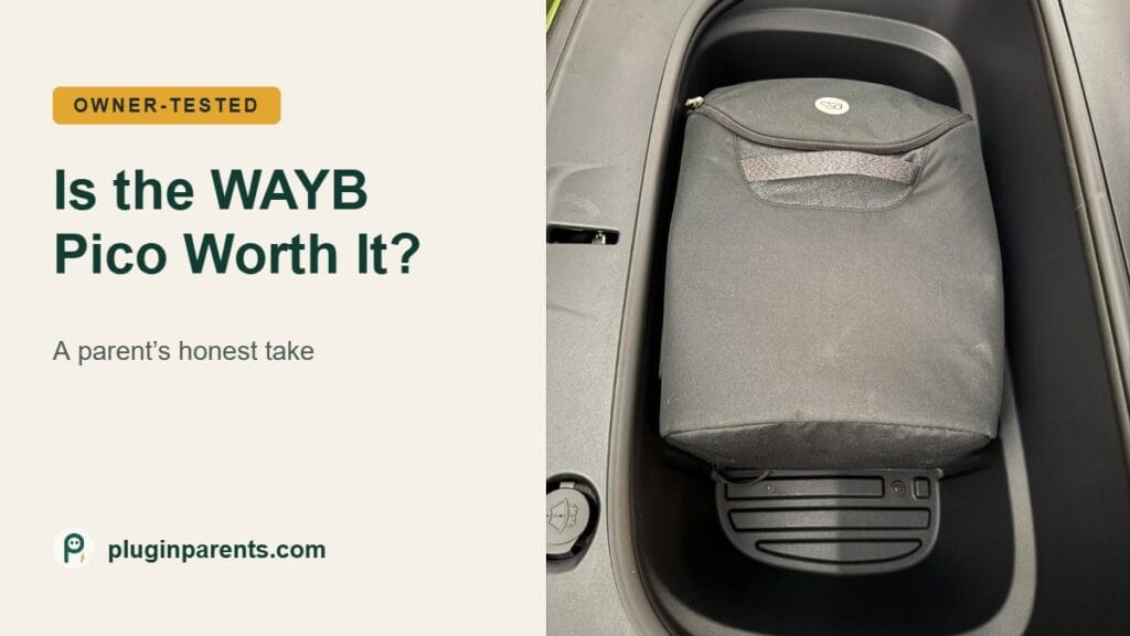 WAYB Pico in its carry bag in the frunk of our Tesla Model Y, with the headline Is the WAYB Pico Worth It
