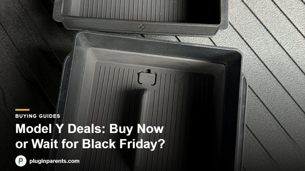 Spigen armrest organizer in a Tesla Model Y, with the headline Model Y Deals: Buy Now or Wait for Black Friday?
