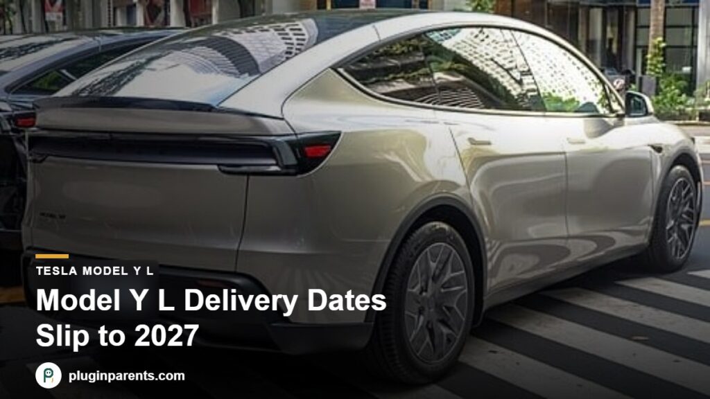 Silver Tesla Model Y L, with the headline Model Y L Delivery Dates Slip to 2027